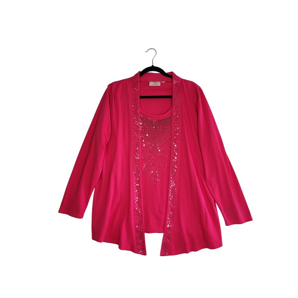 Quacker Factory Pink Sequin Cardigan Tank Top 1 Piece Set L Long Sleeve Bling